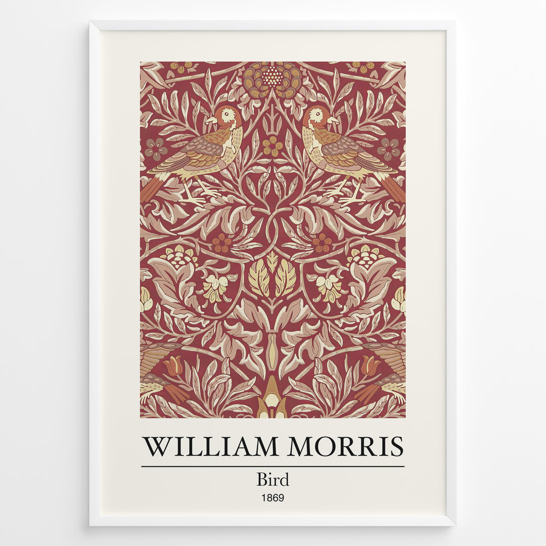 Framed William Morris Bird 1869 art print plakat showing two birds among detailed floral and leaf patterns on a red background.