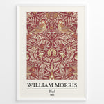 Load image into Gallery viewer, Framed William Morris Bird 1869 art print plakat showing two birds among detailed floral and leaf patterns on a red background.
