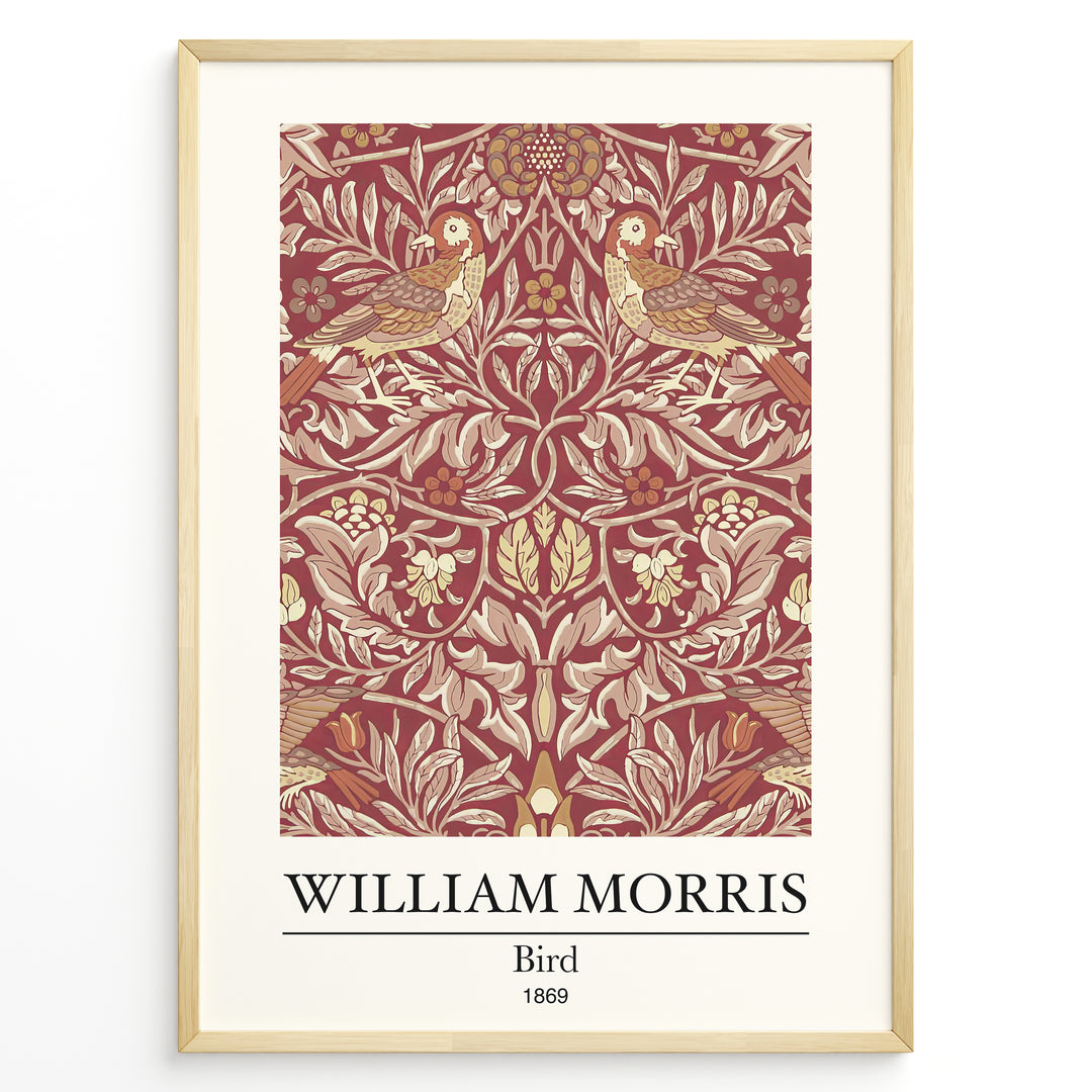 Framed William Morris Bird 1869 art print plakat showing two birds among detailed floral and leaf patterns on a red background.