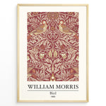 Load image into Gallery viewer, Framed William Morris Bird 1869 art print plakat showing two birds among detailed floral and leaf patterns on a red background.
