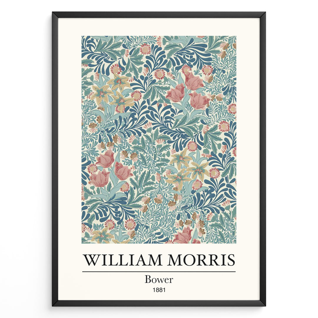 Framed William Morris Bower 1881 art print plakat with detailed blue, pink, and cream floral botanical pattern.