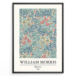 Load image into Gallery viewer, Framed William Morris Bower 1881 art print plakat with detailed blue, pink, and cream floral botanical pattern.
