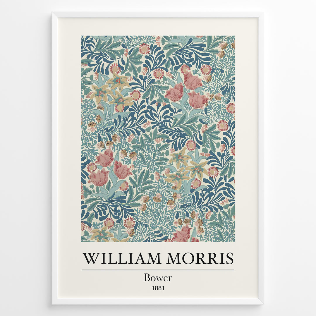 Framed William Morris Bower 1881 art print plakat with detailed blue, pink, and cream floral botanical pattern.