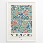 Load image into Gallery viewer, Framed William Morris Bower 1881 art print plakat with detailed blue, pink, and cream floral botanical pattern.
