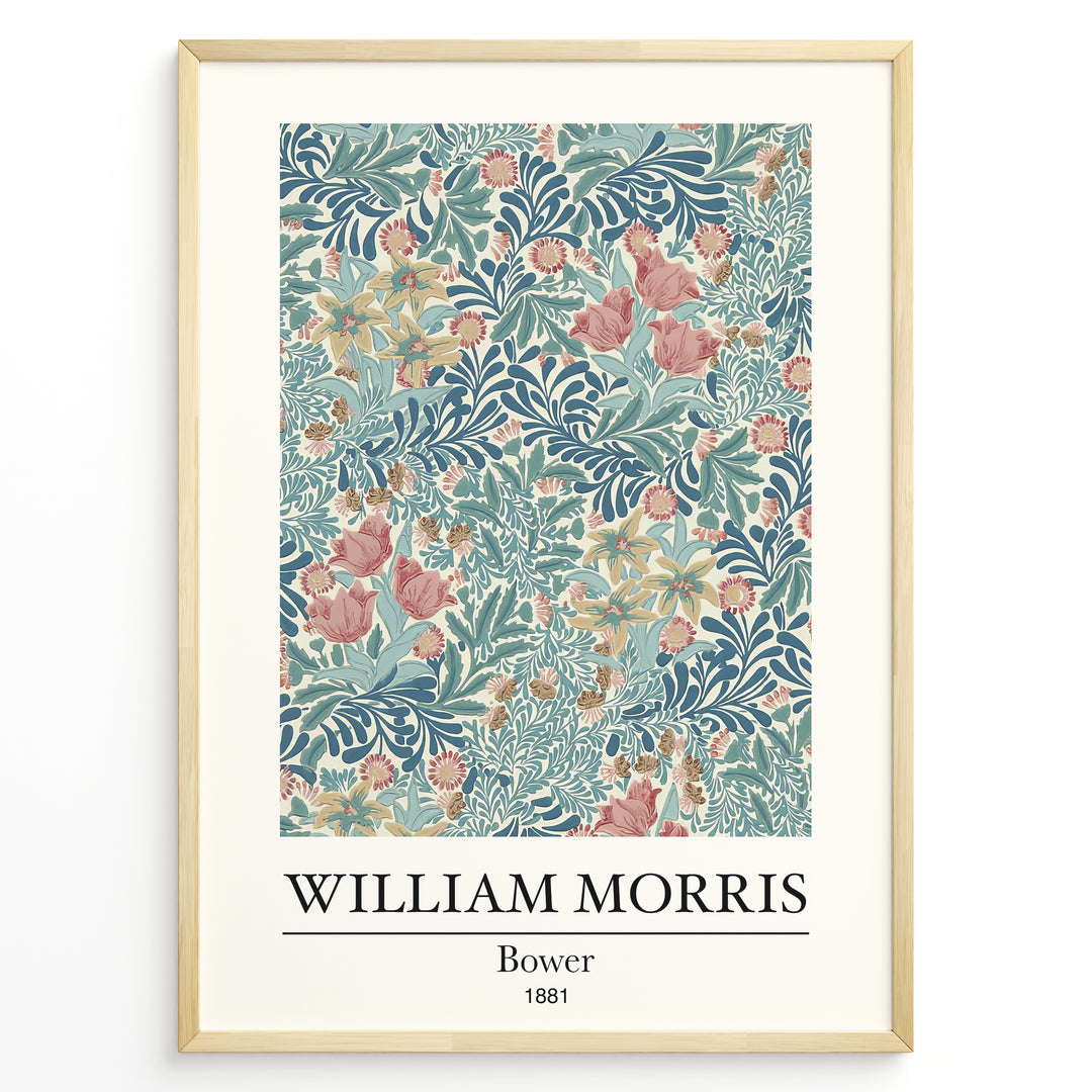 Framed William Morris Bower 1881 art print plakat with detailed blue, pink, and cream floral botanical pattern.