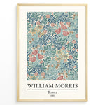 Load image into Gallery viewer, Framed William Morris Bower 1881 art print plakat with detailed blue, pink, and cream floral botanical pattern.
