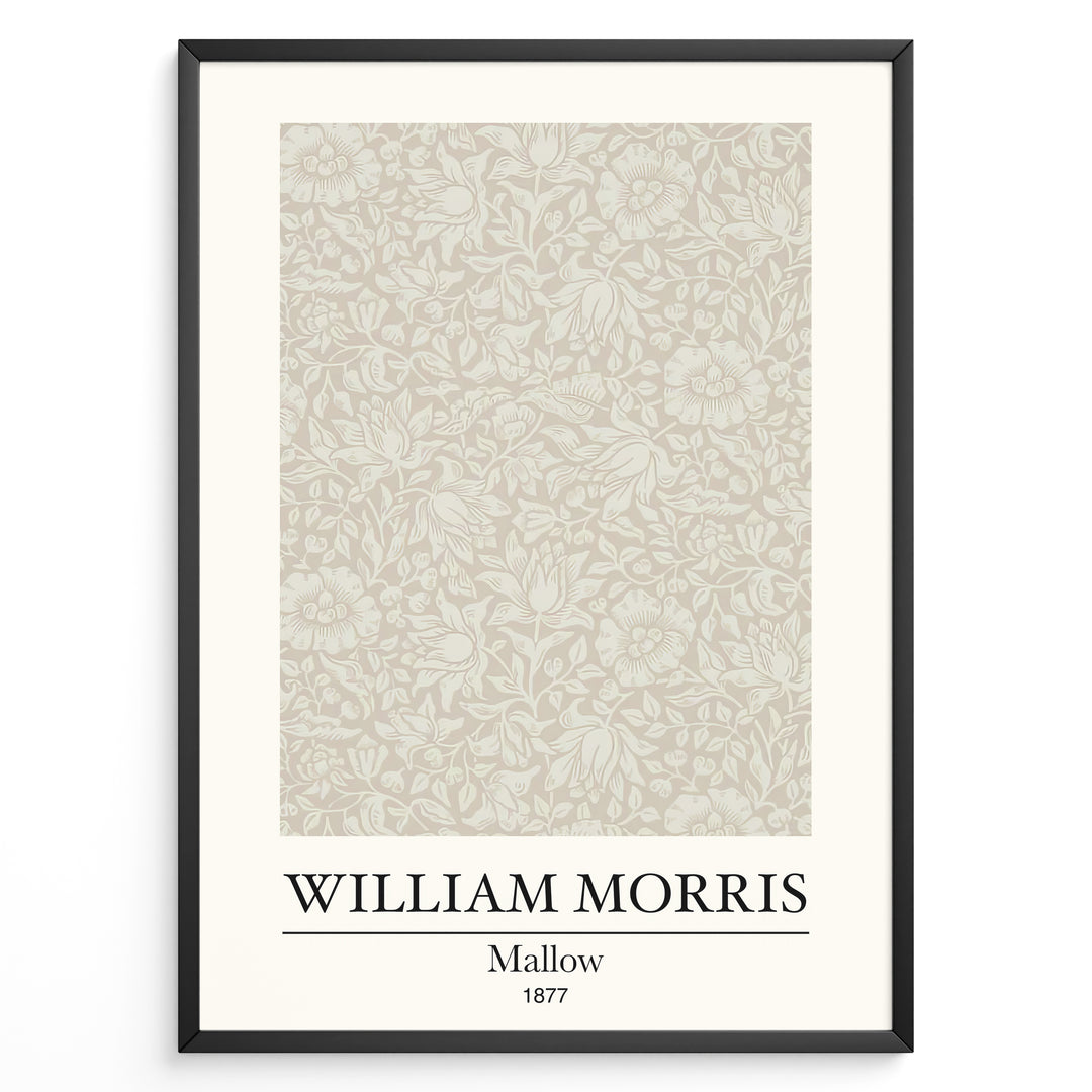 Framed William Morris Mallow 1877 art print plakat featuring intricate beige floral and leaf pattern on a light background.