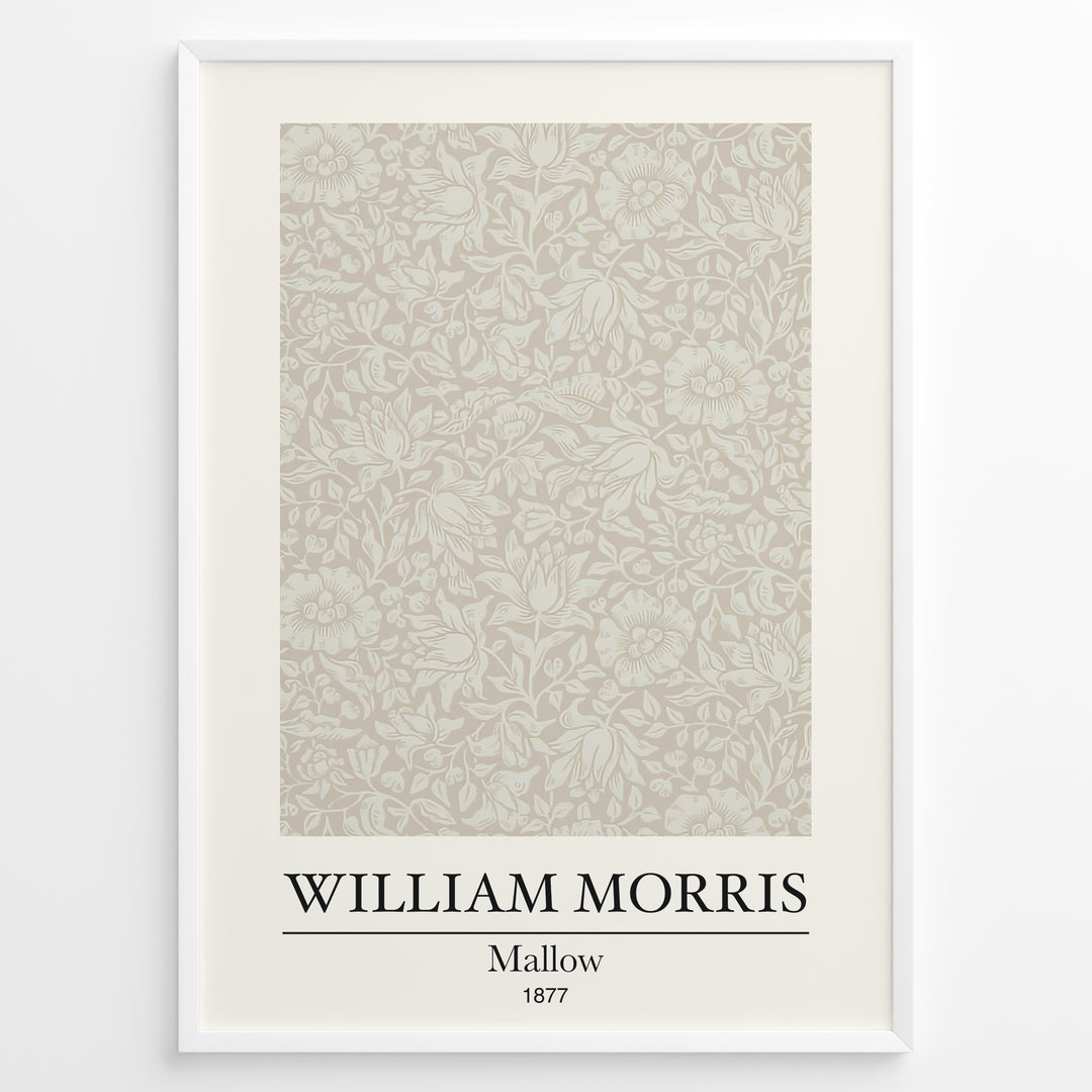 Framed William Morris Mallow 1877 art print plakat featuring intricate beige floral and leaf pattern on a light background.