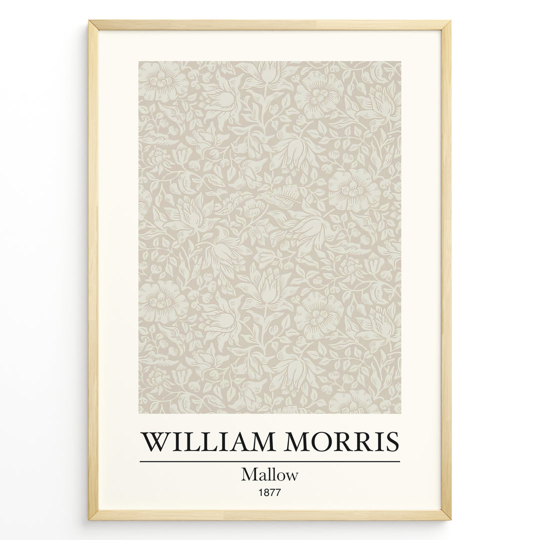 Framed William Morris Mallow 1877 art print plakat featuring intricate beige floral and leaf pattern on a light background.