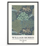 Load image into Gallery viewer, Framed William Morris The Brook 1880 art print plakat showing deer among trees and a flowing stream in a detailed woodland design.
