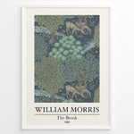 Load image into Gallery viewer, Framed William Morris The Brook 1880 art print plakat showing deer among trees and a flowing stream in a detailed woodland design.
