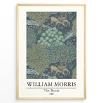Load image into Gallery viewer, Framed William Morris The Brook 1880 art print plakat showing deer among trees and a flowing stream in a detailed woodland design.
