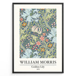 Load image into Gallery viewer, Framed William Morris Golden Lily 1870 art print plakat with detailed floral design in blue, green, and red tones.
