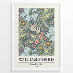 Load image into Gallery viewer, Framed William Morris Golden Lily 1870 art print plakat with detailed floral design in blue, green, and red tones.
