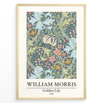 Load image into Gallery viewer, Framed William Morris Golden Lily 1870 art print plakat with detailed floral design in blue, green, and red tones.
