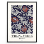 Load image into Gallery viewer, Framed William Morris Anemone 1881 art print plakat with red anemone flowers and grey foliage on a navy background.
