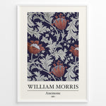 Load image into Gallery viewer, Framed William Morris Anemone 1881 art print plakat with red anemone flowers and grey foliage on a navy background.
