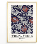 Load image into Gallery viewer, Framed William Morris Anemone 1881 art print plakat with red anemone flowers and grey foliage on a navy background.
