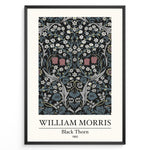 Load image into Gallery viewer, Framed William Morris Black Thorn 1892 art print plakat with detailed white and red flowers and blue-green leaves on a black background.
