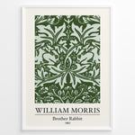Load image into Gallery viewer, Framed William Morris Brother Rabbit 1882 art print plakat with detailed green foliage and rabbit pattern on a pale background.
