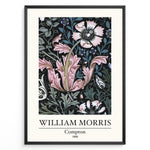Load image into Gallery viewer, Framed William Morris Compton 1896 art print plakat featuring pink and white floral patterns with green leaves on a black background.

