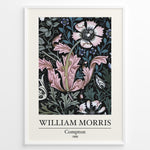 Load image into Gallery viewer, Framed William Morris Compton 1896 art print plakat featuring pink and white floral patterns with green leaves on a black background.
