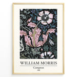 Load image into Gallery viewer, Framed William Morris Compton 1896 art print plakat featuring pink and white floral patterns with green leaves on a black background.
