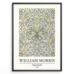 Load image into Gallery viewer, Framed William Morris Harebell 1875 art print plakat with intricate green and blue floral pattern on a light background.

