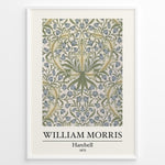 Load image into Gallery viewer, Framed William Morris Harebell 1875 art print plakat with intricate green and blue floral pattern on a light background.
