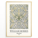 Load image into Gallery viewer, Framed William Morris Harebell 1875 art print plakat with intricate green and blue floral pattern on a light background.
