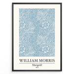 Load image into Gallery viewer, Framed William Morris Marigold 1875 art print plakat with detailed blue and white floral and leaf design.
