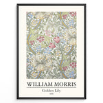 Load image into Gallery viewer, Framed William Morris Golden Lily 1870 art print plakat with detailed floral pattern in soft green, red, blue, and cream hues.
