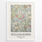 Load image into Gallery viewer, Framed William Morris Golden Lily 1870 art print plakat with detailed floral pattern in soft green, red, blue, and cream hues.

