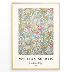 Load image into Gallery viewer, Framed William Morris Golden Lily 1870 art print plakat with detailed floral pattern in soft green, red, blue, and cream hues.

