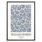 Load image into Gallery viewer, Framed William Morris Venetian 1868 art print plakat with detailed blue floral and leaf pattern on a light background.
