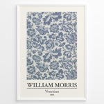Load image into Gallery viewer, Framed William Morris Venetian 1868 art print plakat with detailed blue floral and leaf pattern on a light background.
