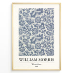 Load image into Gallery viewer, Framed William Morris Venetian 1868 art print plakat with detailed blue floral and leaf pattern on a light background.
