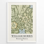 Load image into Gallery viewer, Framed William Morris Botanical Pattern 1862 art print plakat featuring detailed green and cream floral design with subtle blue and yellow accents.
