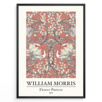 Load image into Gallery viewer, Framed William Morris Flower Pattern 1874 art print plakat with large cream flowers and vines on a terracotta background.
