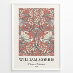 Load image into Gallery viewer, Framed William Morris Flower Pattern 1874 art print plakat with large cream flowers and vines on a terracotta background.
