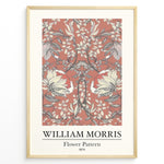 Load image into Gallery viewer, Framed William Morris Flower Pattern 1874 art print plakat with large cream flowers and vines on a terracotta background.
