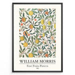Load image into Gallery viewer, Framed William Morris Four Fruits Pattern 1862 art print plakat featuring yellow lemons, peaches, and green leaves on a cream background.
