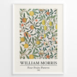 Load image into Gallery viewer, Framed William Morris Four Fruits Pattern 1862 art print plakat featuring yellow lemons, peaches, and green leaves on a cream background.
