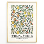 Load image into Gallery viewer, Framed William Morris Four Fruits Pattern 1862 art print plakat featuring yellow lemons, peaches, and green leaves on a cream background.
