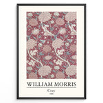 Load image into Gallery viewer, Framed William Morris Cray 1884 art print plakat with intricate red floral and leaf design accented by cream and pale blue tones.
