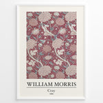 Load image into Gallery viewer, Framed William Morris Cray 1884 art print plakat with intricate red floral and leaf design accented by cream and pale blue tones.
