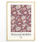 Load image into Gallery viewer, Framed William Morris Cray 1884 art print plakat with intricate red floral and leaf design accented by cream and pale blue tones.
