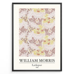 Load image into Gallery viewer, Framed William Morris Larkspur 1865 art print plakat with intricate floral and leaf patterns in beige, yellow, and red shades.
