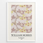 Load image into Gallery viewer, Framed William Morris Larkspur 1865 art print plakat with intricate floral and leaf patterns in beige, yellow, and red shades.
