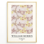 Load image into Gallery viewer, Framed William Morris Larkspur 1865 art print plakat with intricate floral and leaf patterns in beige, yellow, and red shades.
